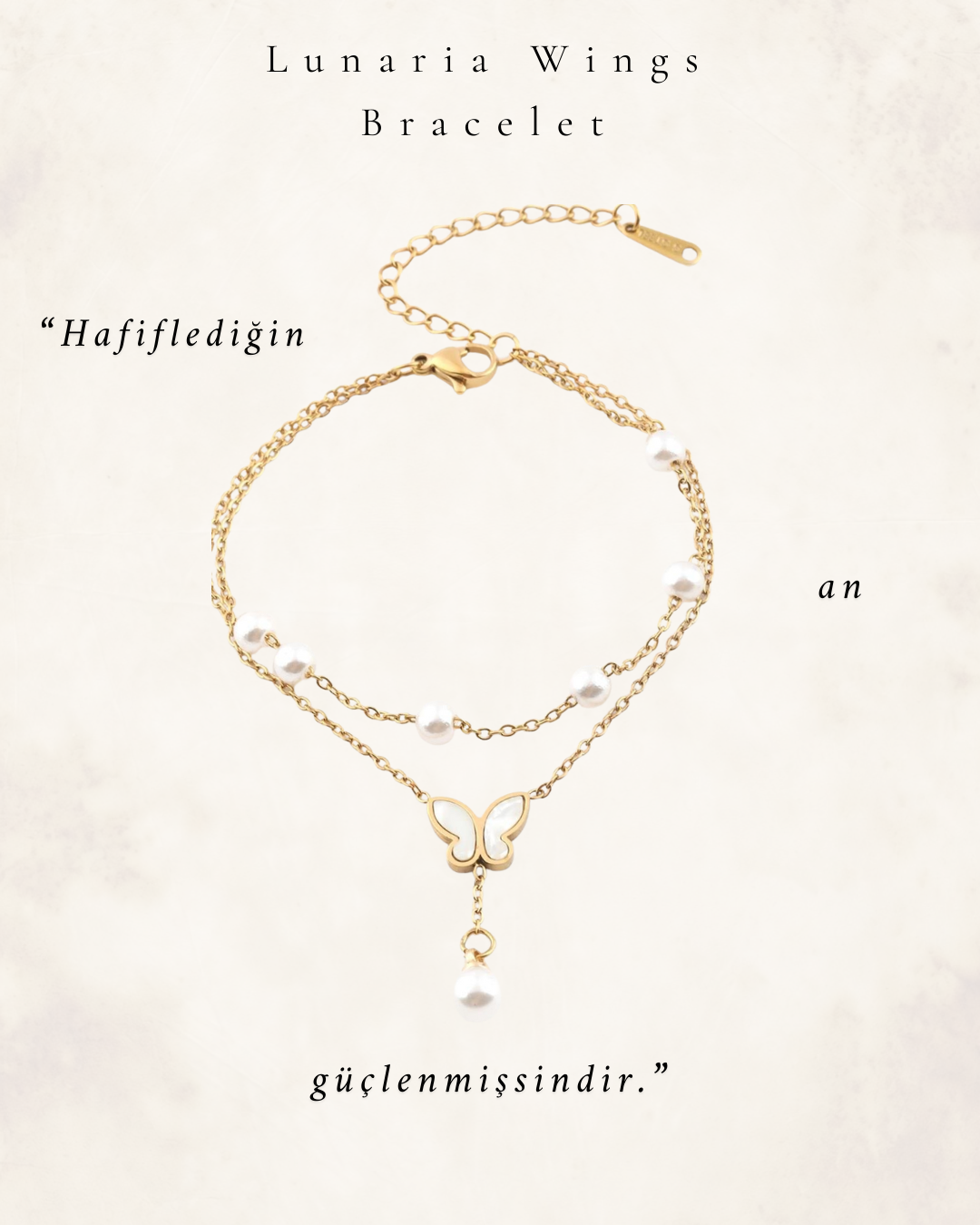 Lunaria Wings Kelebek & İnci Süslemeli Gold Bileklik